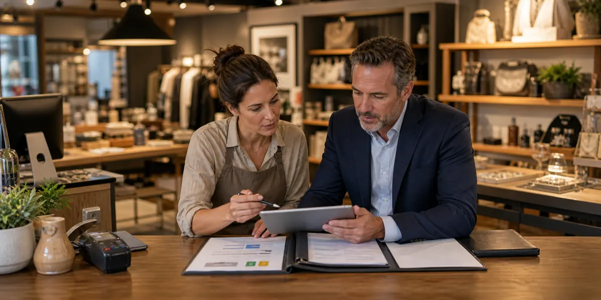 Advisor reviewing documents with a client in a Houston office